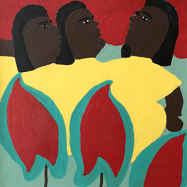 Three Ladies in Yellow with Red Flowers