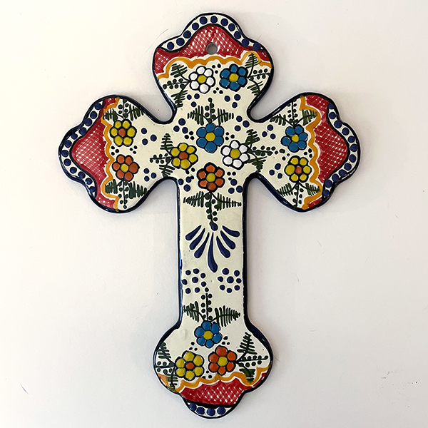 Ceramic Cross with Botanical Motifs by Talavera Artisan