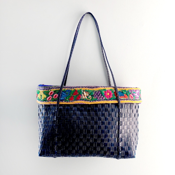 Navy Blue Plastic Woven Tote Bag with Embroidered Band from Guatemala