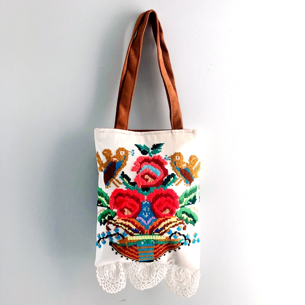 Embroidered Tote Bag with Lace Trimming and Suede Handles from Romania