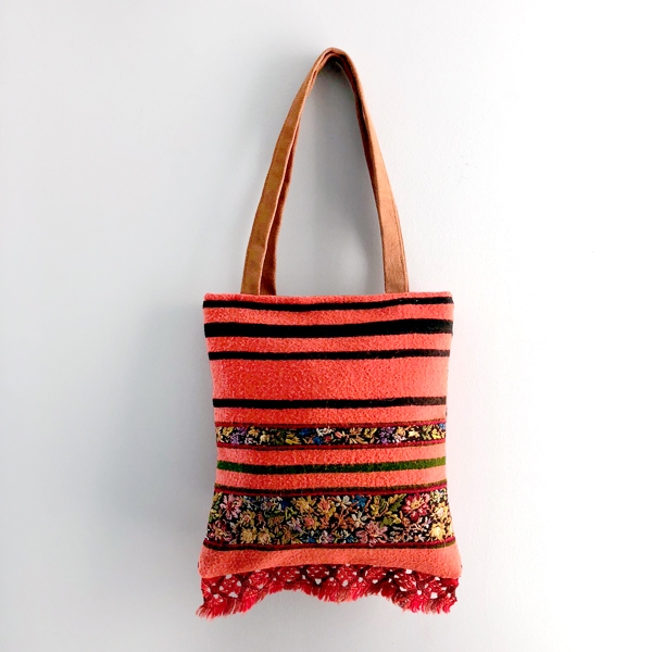 Pink/Orange Tote Bag with Fringes and Suede Handles from Romania