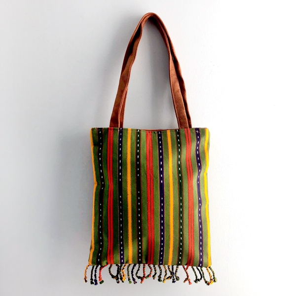 Green Tote Bag with Fringes and Suede Handles from Guatemala
