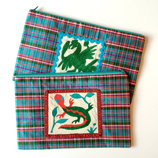 Plaid Pouch with Otomi Embroidery