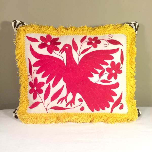 Mexican Otomi Pillow - Bird in Pink