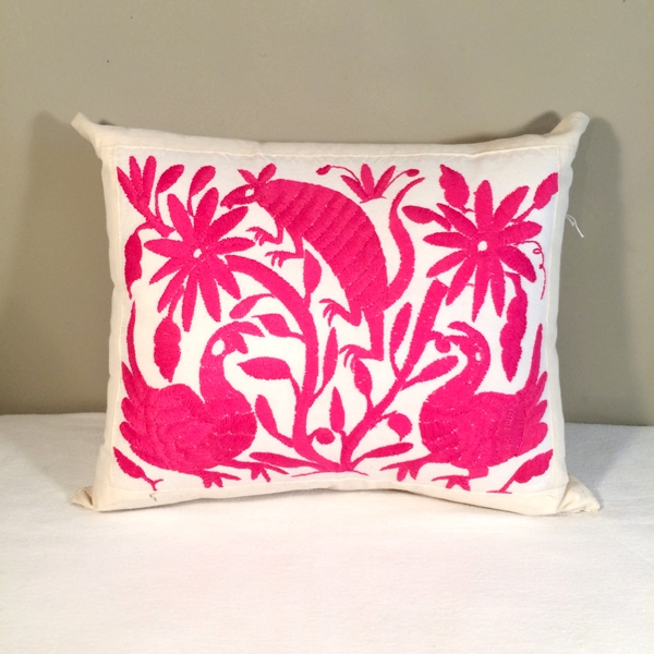 Mexican Otomi Pillow - Animals in Hot Pink