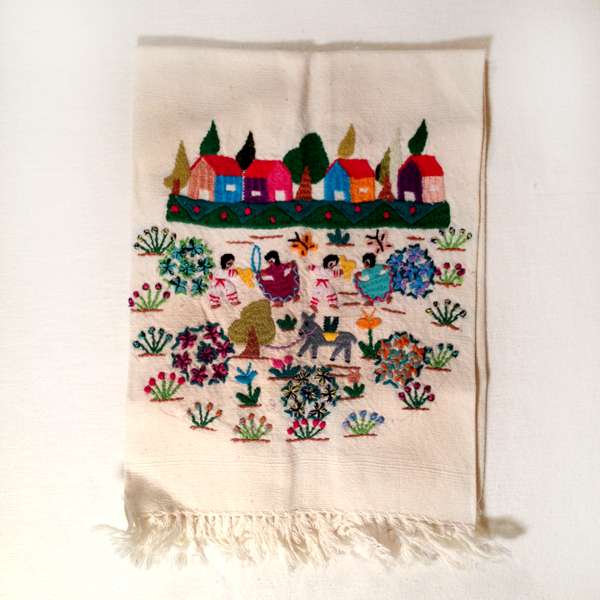 Narrative Embroidered Tea Towel in Cream White from Mexico