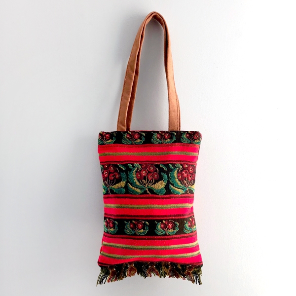 Red Embroidered Tote Bag with Fringes and Suede Handles from Romania
