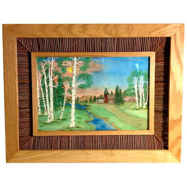 Melecio Fresquez, New Mexico Cabin in the Woods Watercolor on paper with handmade frame 24 x 20 inches Was $750, SALE $575